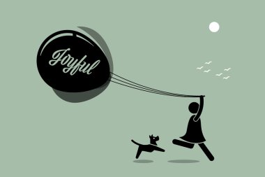 Balonları ile birlikte açık bir köpeğe koşan kız.
