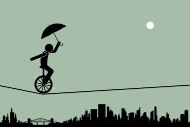 Person riding a unicycle and balancing it with an umbrella going through a tightrope rope with cityscape silhouette at the background. clipart