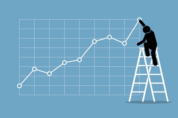 Businessman climbing up on a ladder to adjust an uptrend graph chart on a wall. — Stock Vector
