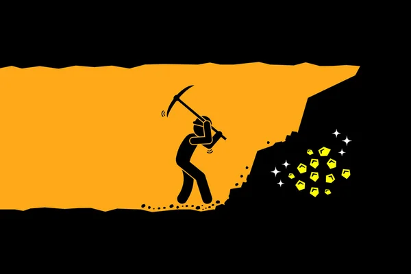 Pracovník osoba kopání a těžba zlata v podzemním tunelu. — Stockový vektor