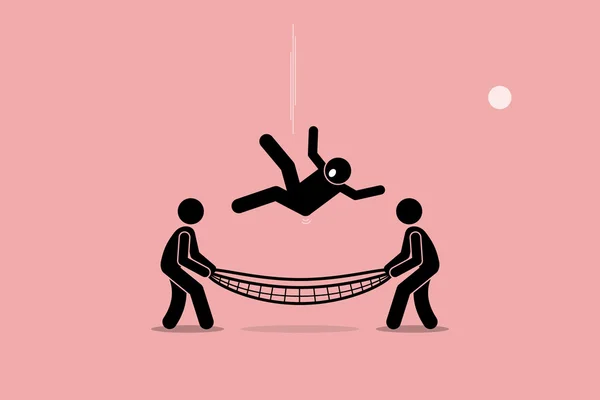Man falling down and saved by people using safety net at the bottom of the ground. — Stock Vector