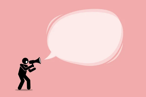 Человек, говорящий и кричащий с помощью мегафона, чтобы повысить, позвонить и сказать важное объявление в большой рекламной речи пузыря . — стоковый вектор