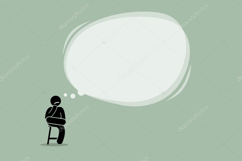 Thinking man sitting on a chair with a big empty bubble cloud.