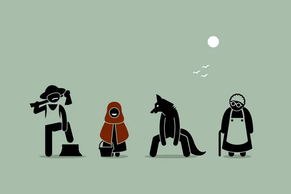 Chaperon rouge, loup, bûcheron et personnages de grand-mère dans le pictogramme figuratif bâton — Image vectorielle