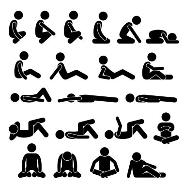 Various Squatting Sitting Lying Down on the Floor Postures Positions Human Man People Stick Figure Stickman Pictogram Icons clipart