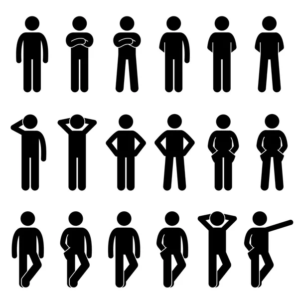 Varios hombres humanos de pie básicos Personas Idiomas Corporales Poses Posturas Stick Figure Stickman Pictogram Iconos Set — Vector de stock