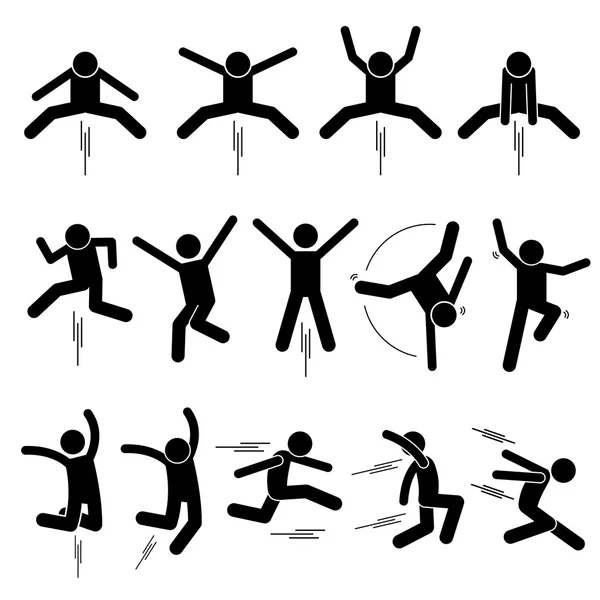 Varios Saltador Hombre Humano Gente Saltando Stick Figura Stickman Pictograma iconos — Archivo Imágenes Vectoriales