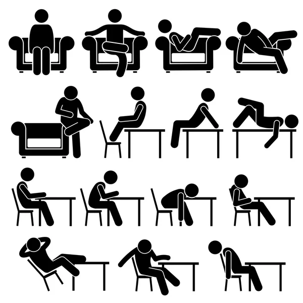 Assis sur canapé chaise de travail Lounge Table Poses Postures Homme humain Gens Stick Figure Stickman Pictogramme Icônes — Image vectorielle