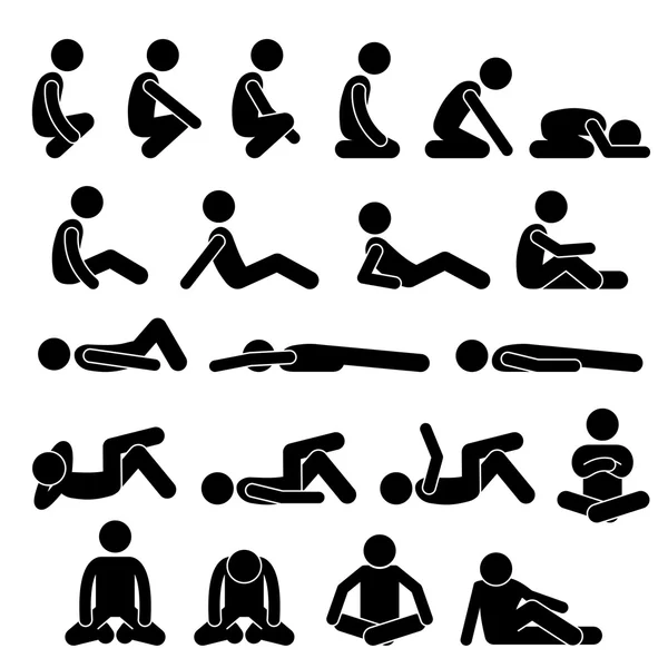 Various Squatting Sitting Lying Down on the Floor Postures Positions Human Man People Stick Figure Stickman Pictogram Icons — Stock Illustration Various Squatting Sitting Lying Down on the Floor Postures Positions Human Man People Stick Figure Stickman Pictogram Icons Stock Illustration