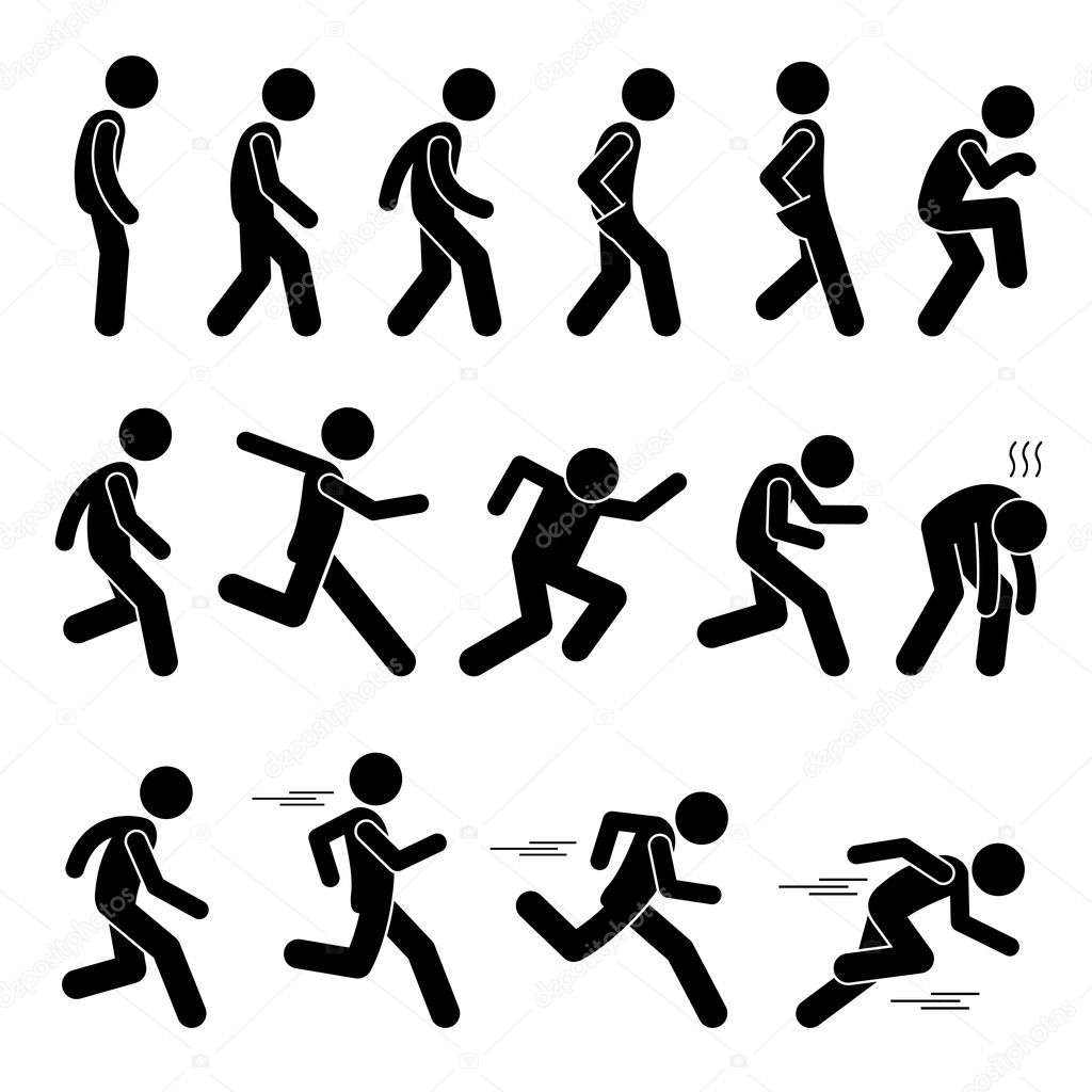 Various Human Man People Walking Running Runner Poses Postures Ways Stick Figure Stickman Pictogram Icons