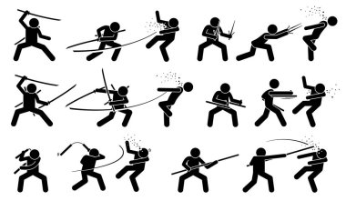 Man attacking opponent with traditional Japanese melee fighting weapons. clipart