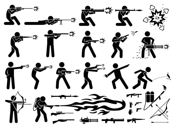 Ataques humanos con varios tipos de armas de guerra modernas . — Vector de stock