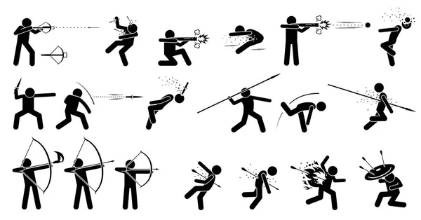 Hombre usando armas a distancia de mano de guerra medieval . — Vector de stock