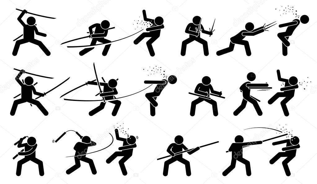Man attacking opponent with traditional Japanese melee fighting weapons.