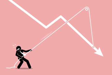 Businessman pulling a falling arrow graph chart from further dropping down. clipart