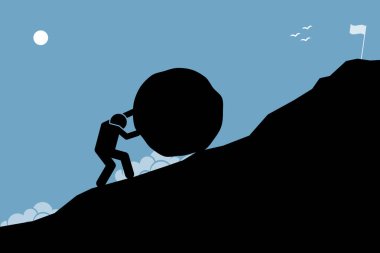 A strong man pushing a big rock up the hill to reach the goal on top. clipart