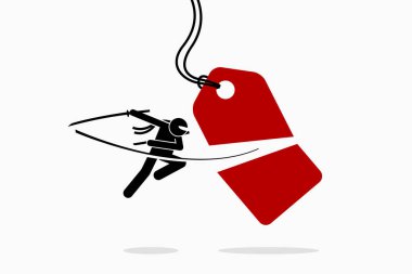 Ninja keser ve a fiyat etiket yarım içine kesmek.