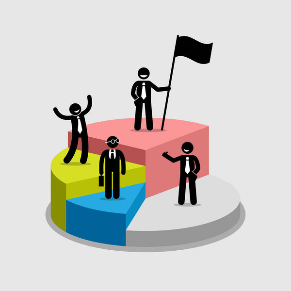 Businessman standing on top of each portion of a pie chart.