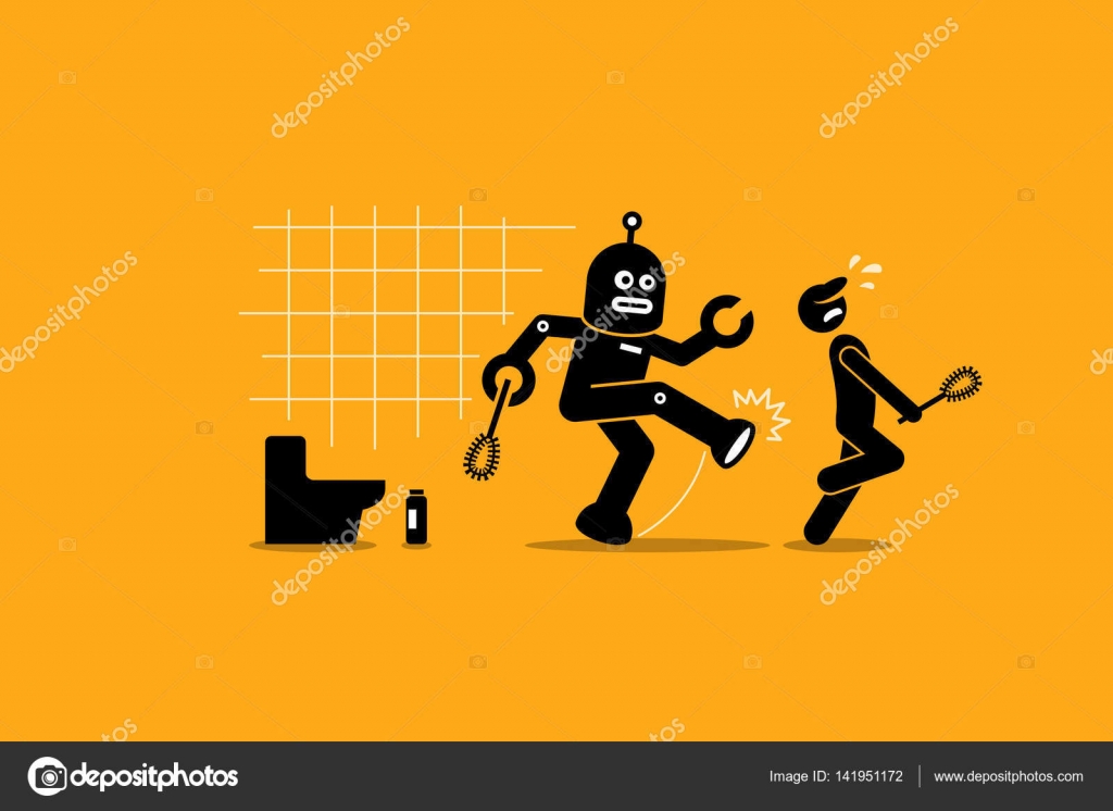 Robot cleaner kicks away a human janitor worker from doing his cleaning job at toilet. â Stock Vector