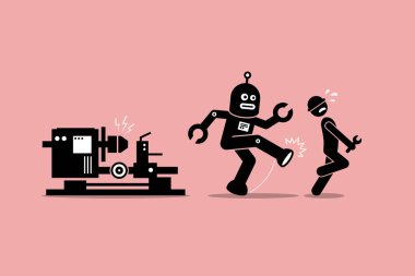 Robot tamirci uzağa--dan iş fabrika işinde bir insan teknisyeni işçi başladı.