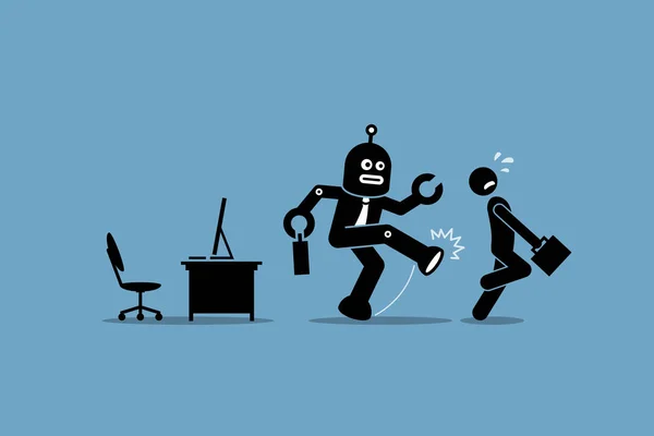 Dipendente robot butta via un lavoratore umano di fare il suo lavoro al computer in ufficio . — Vettoriale Stock