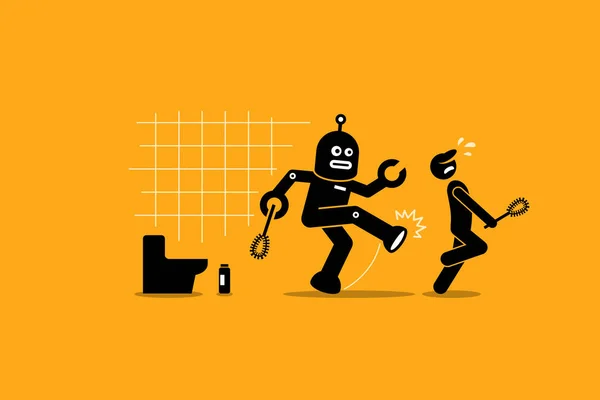 Robot cleaner kicks away a human janitor worker from doing his cleaning job at toilet. — Stock Vector