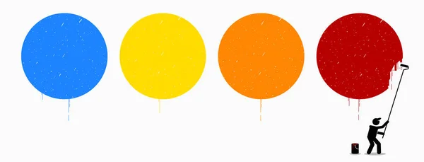 Pintor pintando cuatro círculos vacíos en la pared con diferentes colores de azul, amarillo, naranja y rojo . — Vector de stock