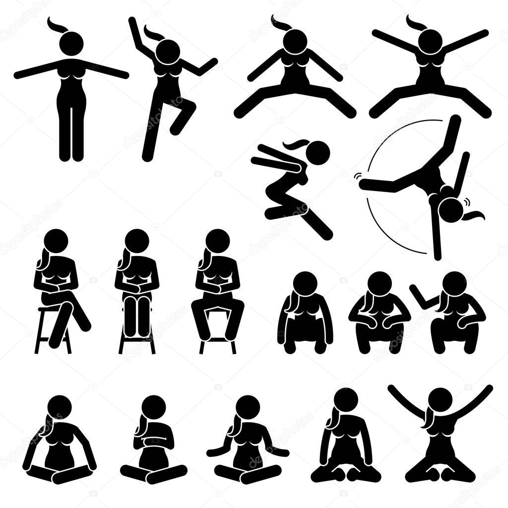 Basic Woman Jump and Sit Actions and Positions.