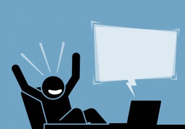 İçerik ve bilgisayar ve Internet üzerinden duyuru gördükten sonra duygu heyecanlı ve mutlu adam.