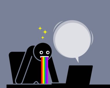 Man is amazed and puking out rainbow saliva by the content he sees from his computer screen. clipart