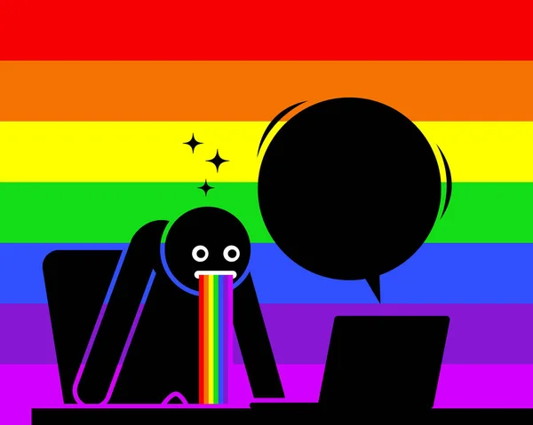 Man is amazed and puking out rainbow saliva by the content he sees from his computer screen. — Stock Vector