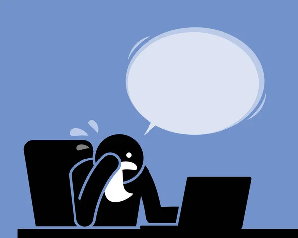 Man crying, weeping, and sobbing with a handkerchief while using the computer. — Stock Vector