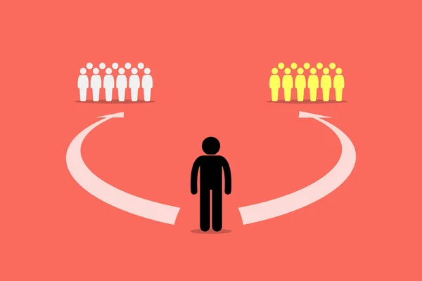 Homme choisissant de rejoindre entre deux équipes ou deux groupes de personnes . — Image vectorielle