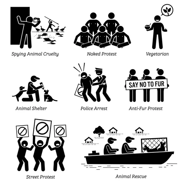 Animal Activists Organization and People Stick Figure Pictogram Icons. — Stock Vector