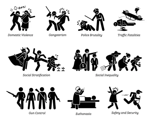 Problemas Sociais e Questões Críticas Stick Ícones Figura Pictograma . —  Vetores de Stock