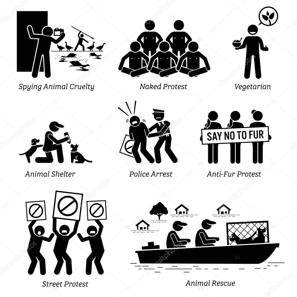 Animal Activists Organization and People Stick Figure Pictogram Icons.