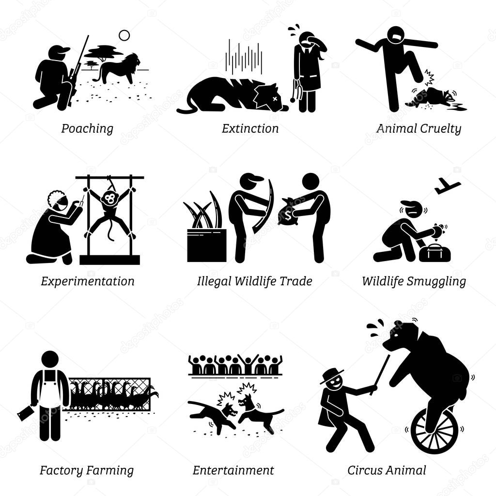 Animal Rights and Issues Stick Figure Pictogram Icons.