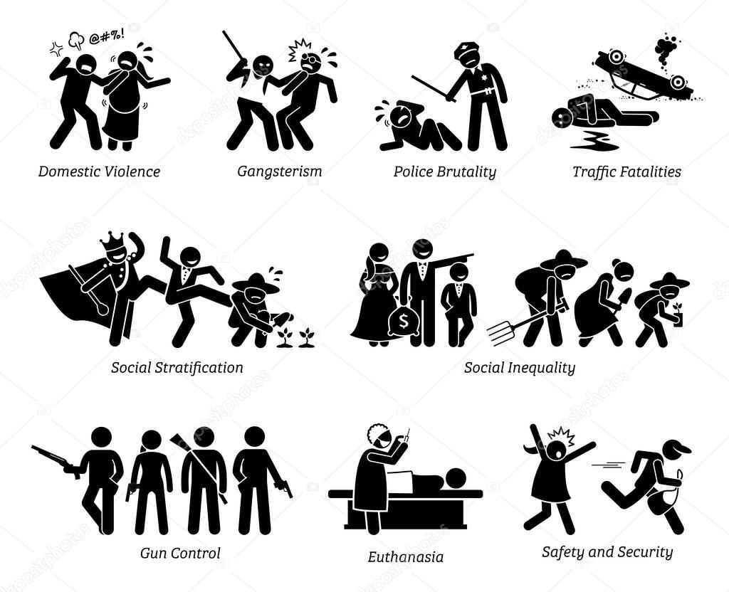 Social Problems and Critical Issues Stick Figure Pictogram Icons.