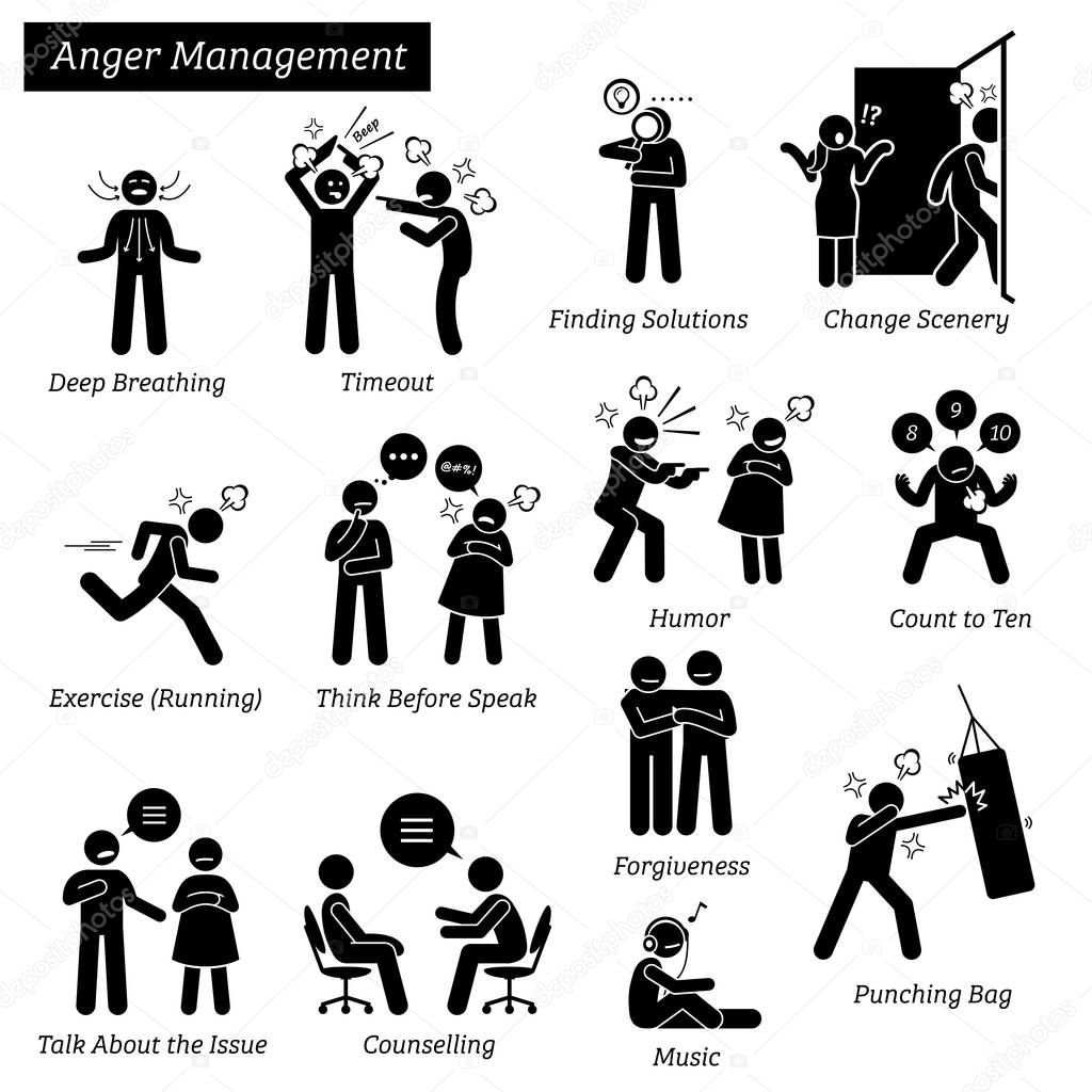 Anger Management Stick Figure Pictogram Icons.