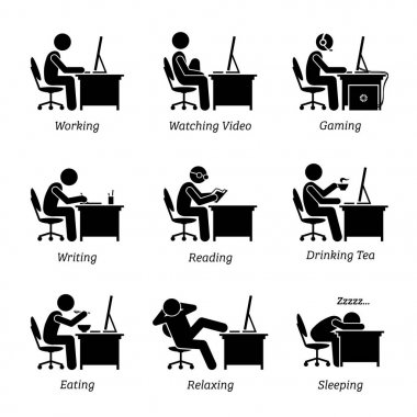 Executive office işyerinde bir bilgisayar önünde çalışma. İşadamı da video, oyun, yazma, okuma, uyku, yemek, kahve içme ve bilgisayar kullanırken rahatlatıcı izliyor.