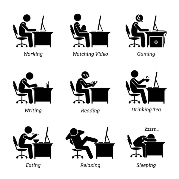 エグゼクティブ オフィス職場のコンピューターの前で作業します ビデオ ゲーム ライティング 食べること コーヒーを飲むとコンピューターを使用しながらリラックスできるビジネスマンは見ても — ストックベクタ