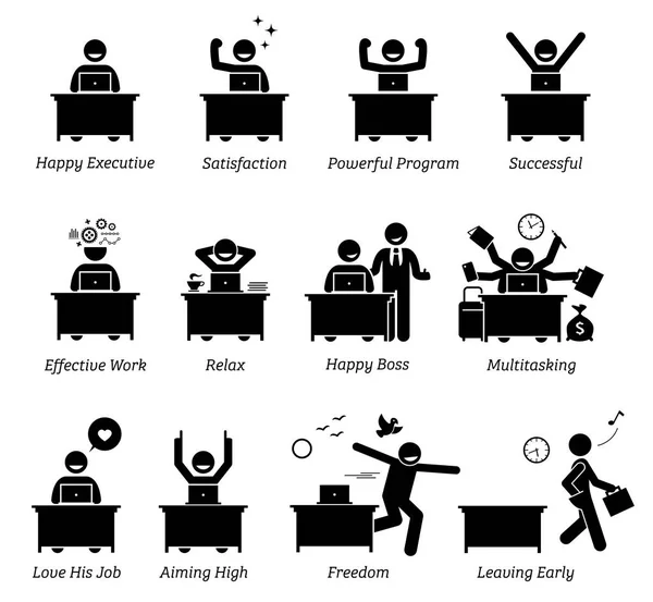 Виконавча Робота Ефективному Робочому Місці Робітник Щасливий Задоволений Успішний Насолоджується — стоковий вектор