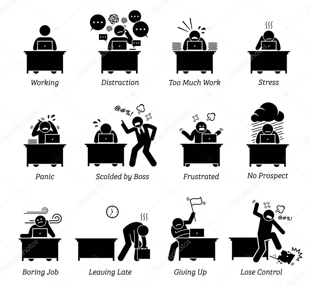 Worker working in a very stressful office workplace. The employee is distracted, having too much work, frustrated and scolded by boss. The job is boring, tiring, inefficient and has no prospect. 