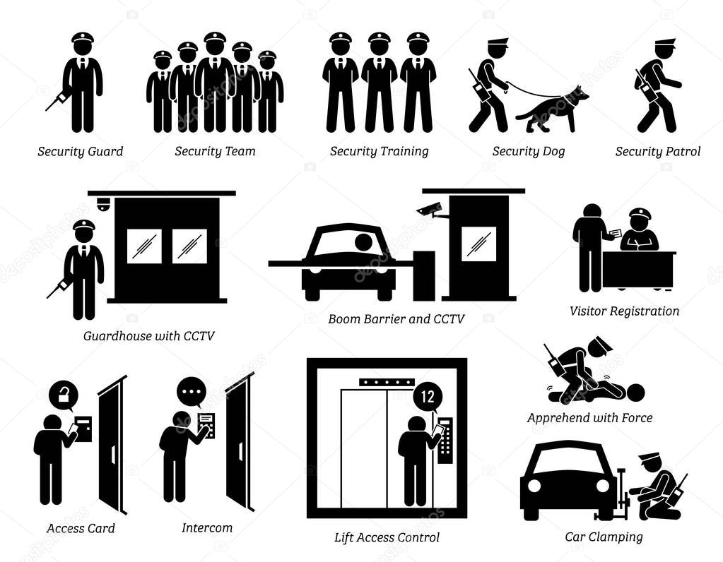 Security Guards Icons. Stick figures depict security guard, team, training, dog, patrolling, guardhouse, boom barrier gate, CCTV, visitor registration, car clamping, and security access card.