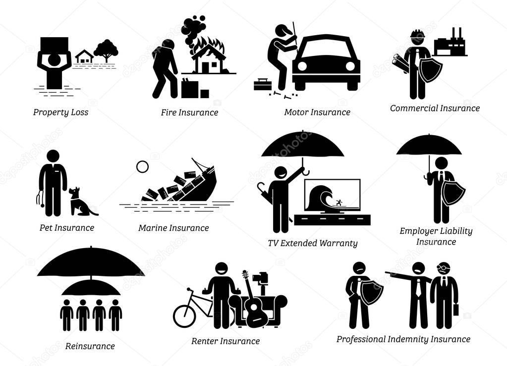 General Insurance Protection. Stick figures depicts general insurance for property loss, fire, motor, commercial, pet, marine, TV, employer liability, reinsurance, renter, and professional indemnity. 