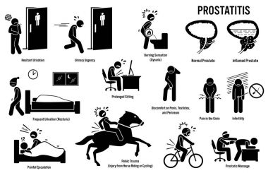 Prostatitis Prostate Patient Icons. Pictogram depicts prostatitis signs, symptoms, risks, diagnosis, and treatment by urologist. clipart