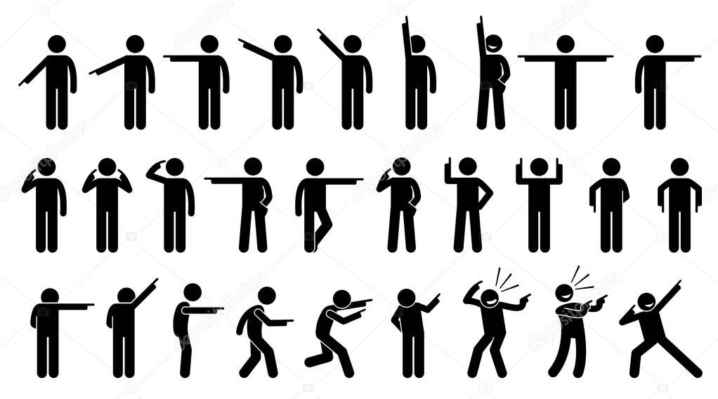 Stick Figures of a Person Pointing Finger. A set of stick figures showing a man pointing in different directions on different poses and positions. 