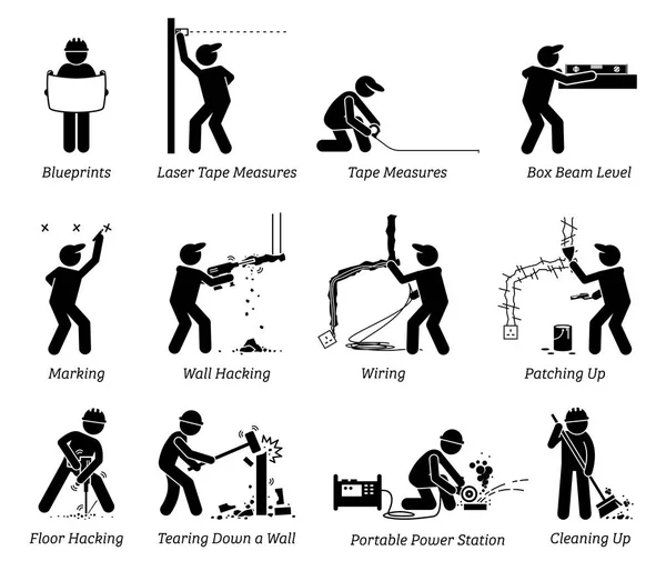 Construction Renovation House Improvement Icons Pictogram Depicts Workers Contractors Working — Stock Vector