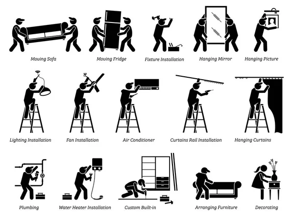 Installation Von Home Fixtures Und Hausdekorationen Ikonen Piktogramm Zeigt Arbeiter — Stockvektor