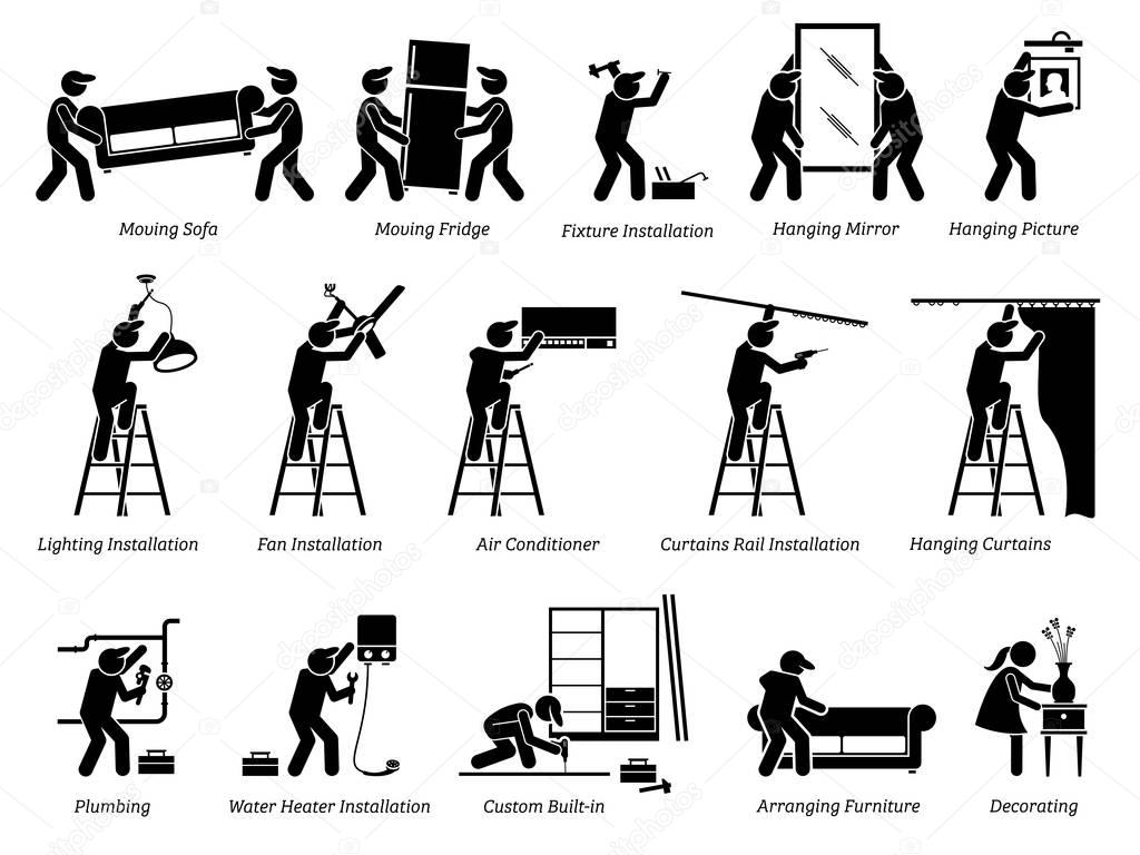 Installation of Home Fixtures and House Decorations Icons. Pictogram depicts workers installing home fixtures, moving in furnitures, and decorating the living space.